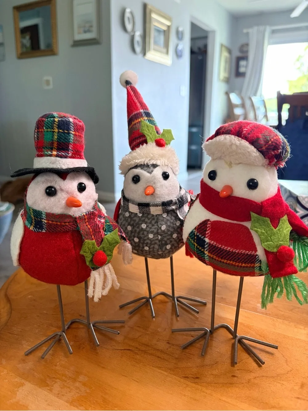 Festive Plaid Holiday Bird Trio - Red and Gray Christmas Decor